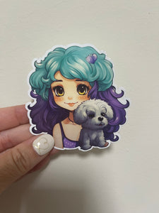 Teal and Purple Hair Girl with White Dog